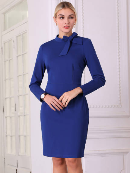 Hobemty - Bowtie Neck Long Sleeve Sheath Dress