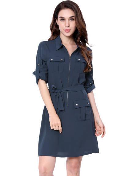 Allegra K- Roll-Up Sleeve Multi-Pocket Belted Shirt Dress