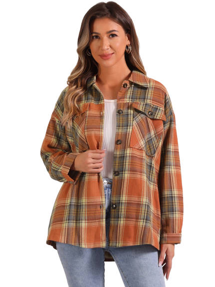 Allegra K - Casual Drop Shoulder Loose Plaid Shirt