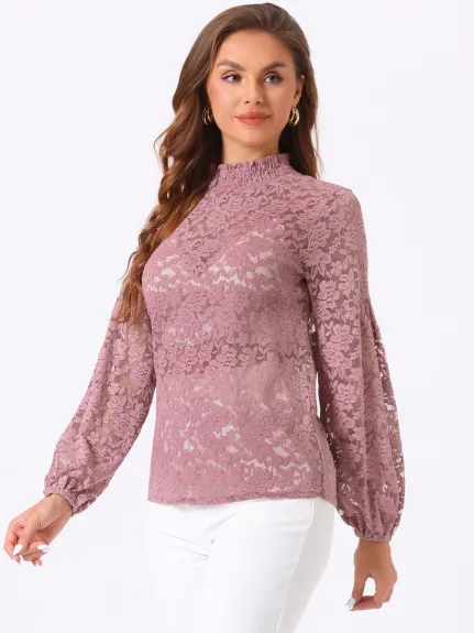 Allegra K- Ruffle Mock Neck Floral Lace Sheer Blouse