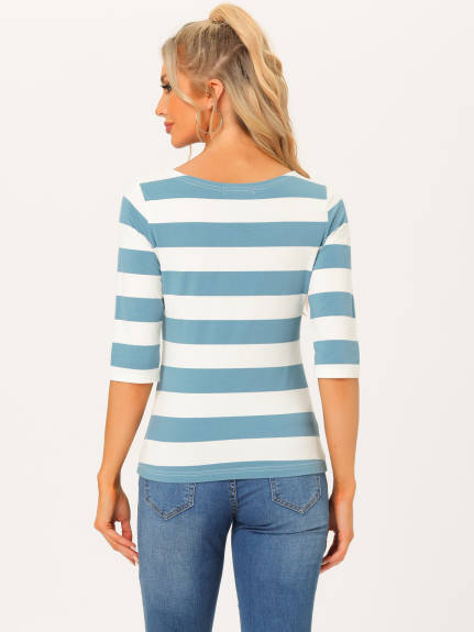 Allegra K- Boat Neck Elbow Sleeve Slim Fit Stripe T-Shirt