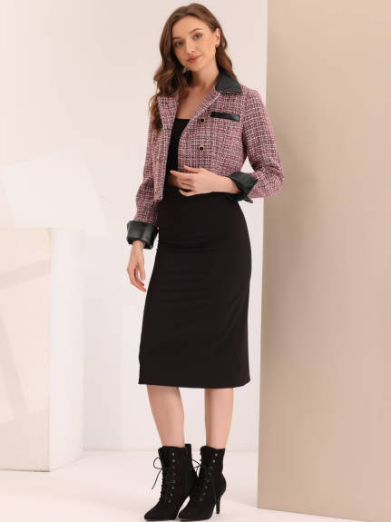 Allegra K - Contrast Collar Tweed Plaid Blazer