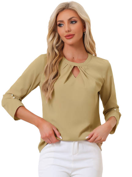 Allegra K- Round Neck Keyhole Pleated Shirred 3/4 Sleeve Top