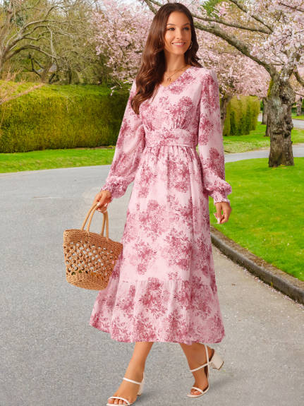 Allegra K - Long Sleeve Chiffon Flowy Floral Dress