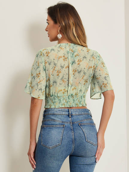 Allegra K - Floral V Neck Smocked Crop Top