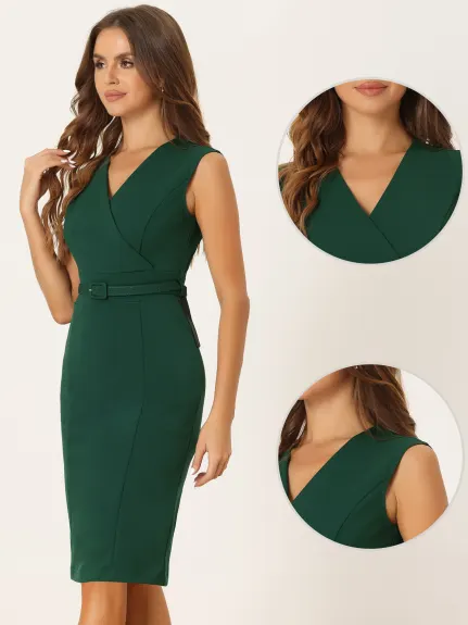 Allegra K- Sheath Sleeveless V Neck Belt Pencil Dress