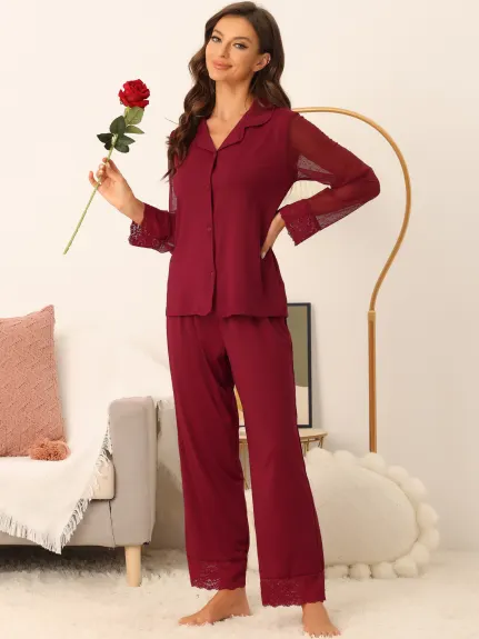 cheibear - Button Down Mesh Sleeve Pajama Set