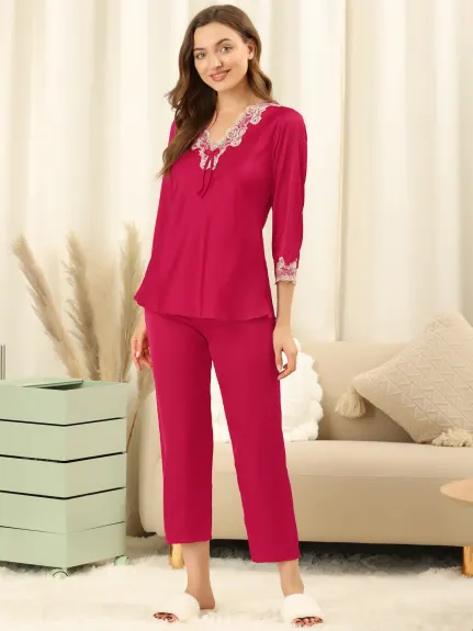 Allegra K - Lace Trim Solid Pajama Sets