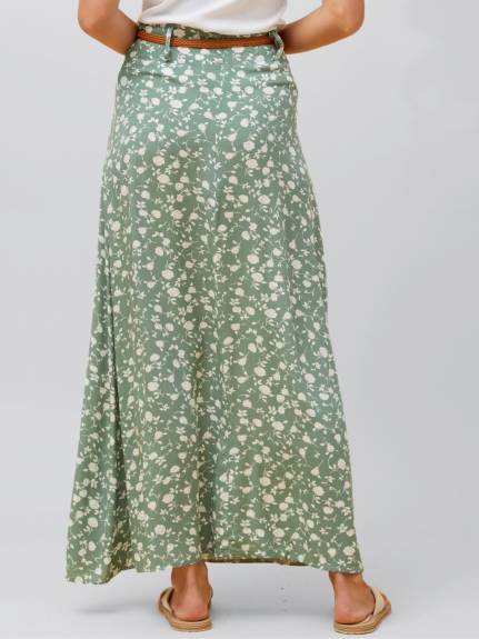 Annick - Serafina Long Maxi Skirt Flower Print Belt Included Green