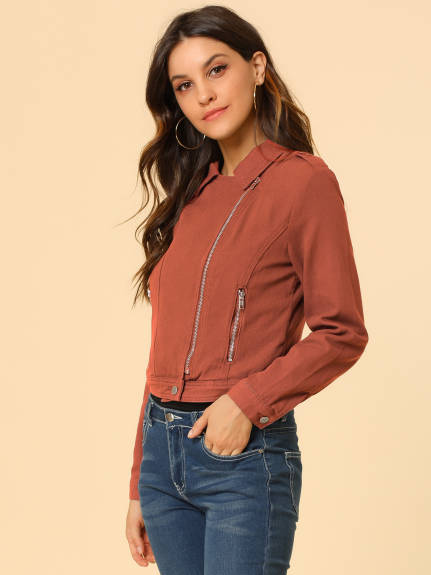 Allegra K- Notched Lapel Asymmetric Zip Moto Denim Jacket