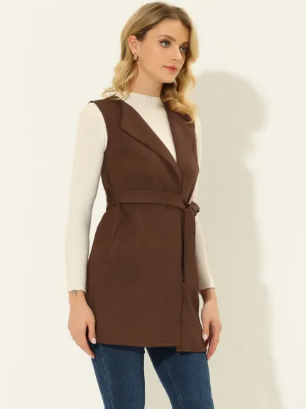 Allegra K- gilet en daim Cardigan ceinture veste longue Blazer sans manches