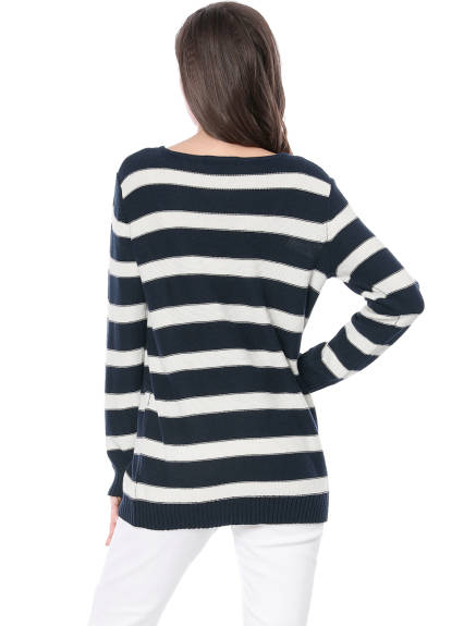 Allegra K- Round Neck Drop Shoulder Loose Striped Tunic Sweater