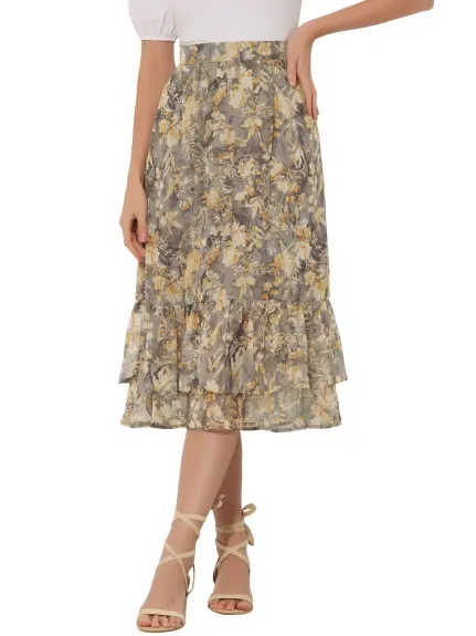 Allegra K- Printed Chiffon Ruffle Tiered Zipper Midi Skirt