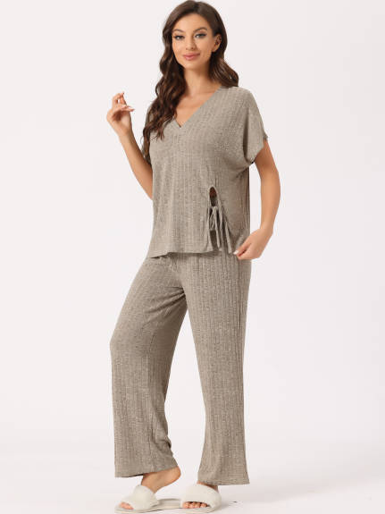 cheibear - Ribbed Knit Lounge Pajama Set