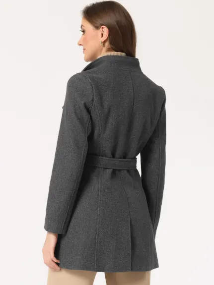 Allegra K- Classic Stand Collar Belted Long Coat