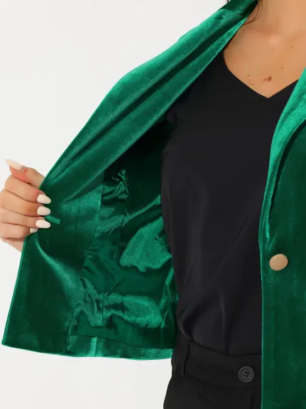 Allegra K- 1 Button Velvet Blazer Lapel Crop Suit Jacket