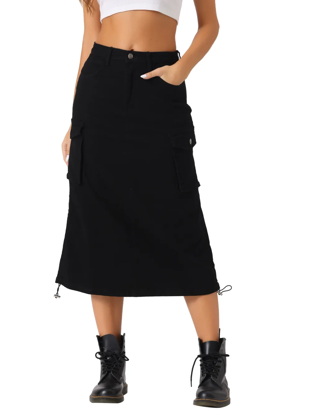 Allegra K- Flap Pocket Back Slit Drawstring Midi Cargo Skirt