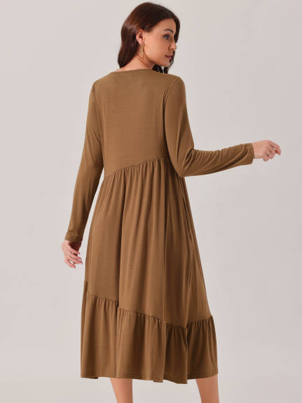 Allegra K - Long Sleeve Pleated Tiered Swing Dress