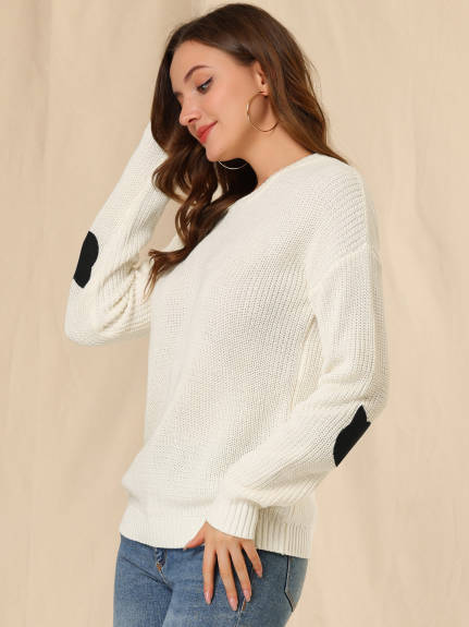 Allegra K- Drop Shoulder Elbow Cat Patch Loose Pullover Sweater