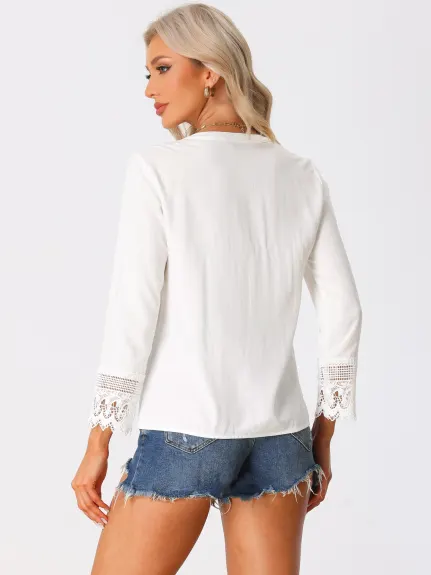 Allegra K - Half Button Placket Lace Crochet Blouse