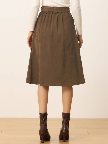 Allegra K - Button Front A-Line Belted Corduroy Skirt