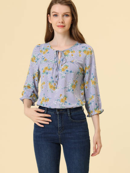 Allegra K- Tie V Neck Ruffled 3/4 Sleeve Floral Blouse