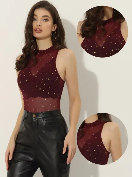 Allegra K- Star Mesh See Through Tank Top