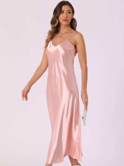 Allegra K - Satin V Neck Spaghetti Strap Maxi Dress