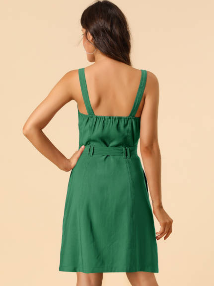 Allegra K- Belted Spaghetti Strap Button Dress