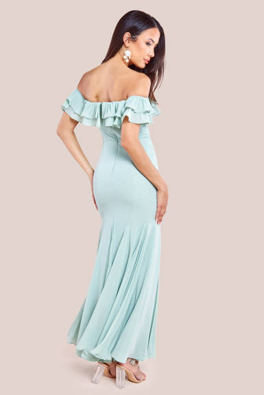 Goddiva - Frilled Off The Shoulder Pleated Chiffon Maxi Dress