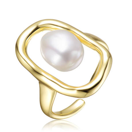 Genevive Sterling Silver 14k Gold Plated with Genuine Freshwater Pearl Outline Framed Ring