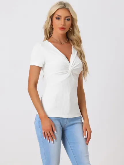 Allegra K- Twist Front V Neck Knit Top