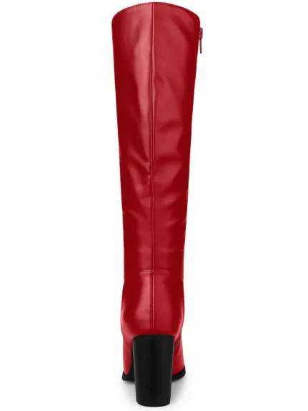 Allegra K- Round Toe Block Heel Faux Leather Knee Boots