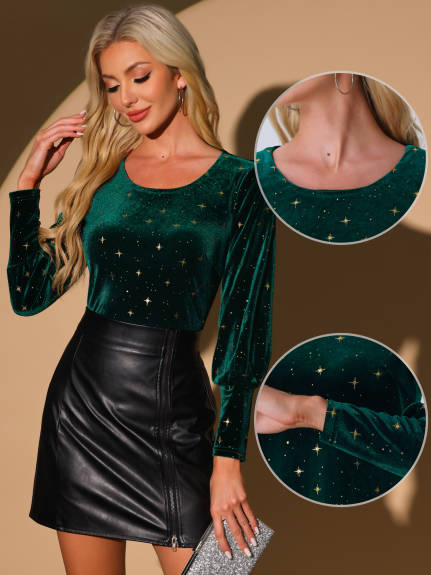 INSPIRE CHIC - Long Sleeve Stars Pattern Velvet Blouse