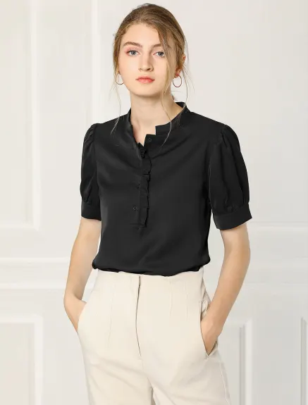 Allegra K - Puff Sleeve Chiffon Half Placket Top