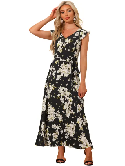 Allegra K - Summer Belted Floral Maxi Dress