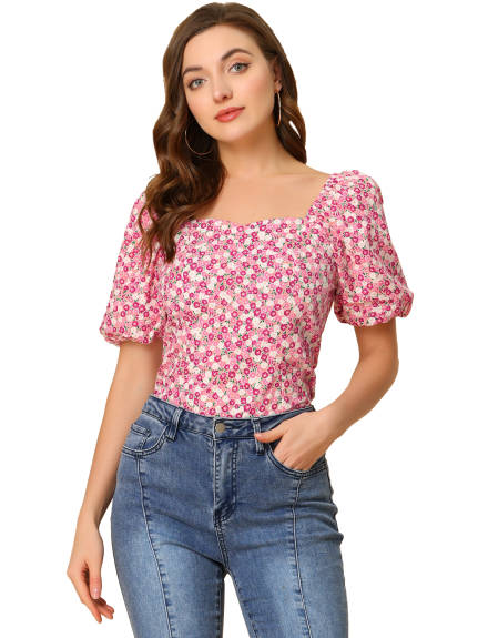 Allegra K- Puff Sleeve Sweetheart Neck Smocked Floral Top