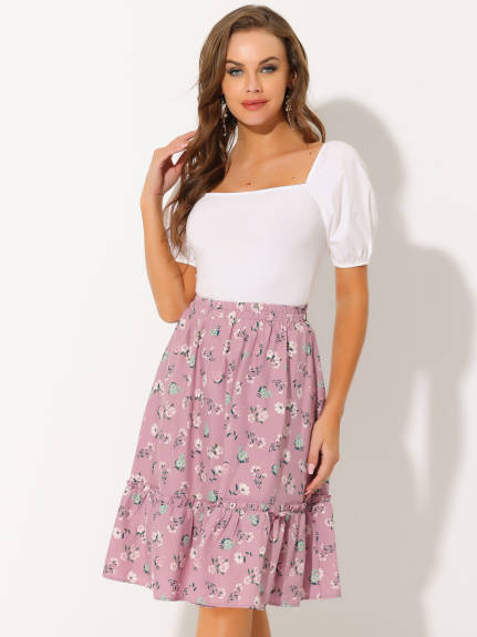 Allegra K- Ruffle Hem Tiered A-Line Floral Midi Skirt