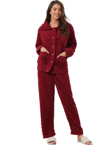 cheibear - Fluffy Fleece Button Down Winter Pajama Set