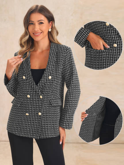 Allegra K - Tweed Button Front Plaid Blazer