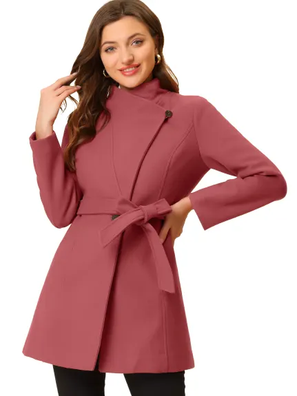 Allegra K- Classic Stand Collar Belted Long Coat