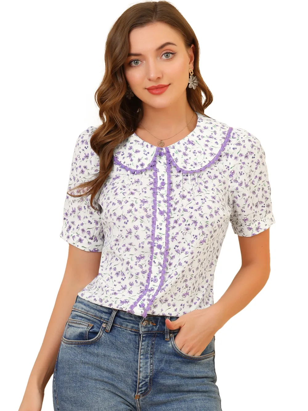 Allegra K - Floral Peter Pan Collar Summer Shirt