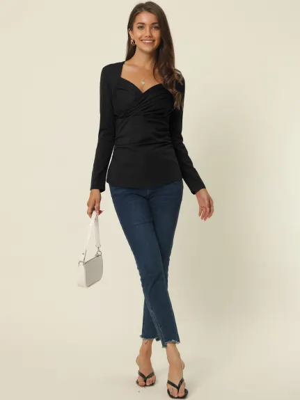 Allegra K- Wrap Sweetheart Long Sleeve Blouse