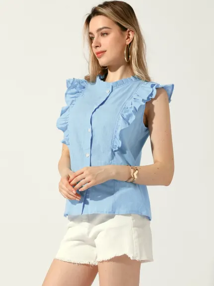 Allegra K - Ruffle Sleeveless Button Up Shirt