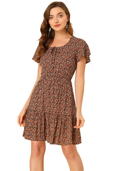 Allegra K- Floral Flutter Sleeve Ruffle Dress