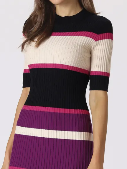 Hobemty- Short Sleeve Striped Knit A-Line Midi Dress