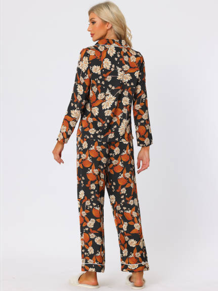 cheibear - Floral Sleep Shirt Long Pants Satin Pj Set