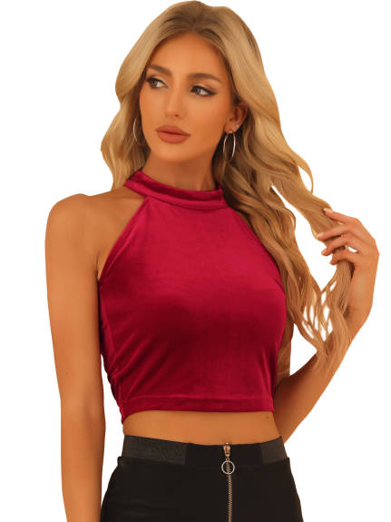 Allegra K- Halter Neck Velvet Crop Tank Top