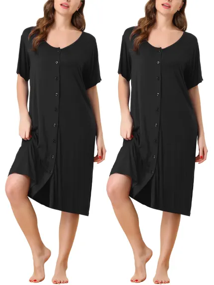 cheibear - Summer Button Down Nightgown 2-Pack, Black