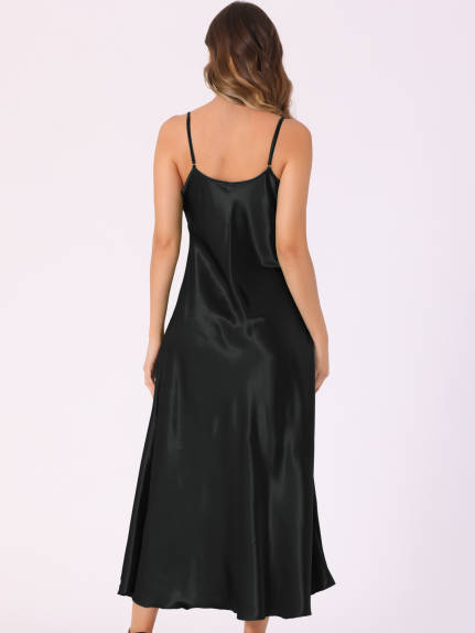 Allegra K - Satin V Neck Spaghetti Strap Maxi Dress